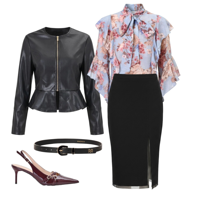 Outfit donna - Burgundy flowers. Stile Casual chic per Ufficio. Abbinamento con bluse, décolleté, cinture, gonne longuette, giacche.