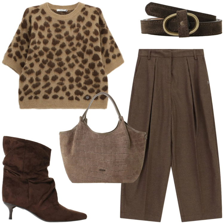 Outfit donna - Urban glam. Stile Trendy per Tutti i giorni. Abbinamento con stivali, pantaloni a palazzo, maglieria, borse a spalla, cinture.