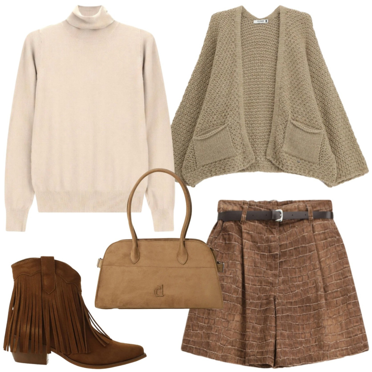 Outfit donna - Urban style. Stile Urban per Tutti i giorni. Abbinamento con stivaletti texani, cardigans, pullovers, bermuda, borse a spalla.