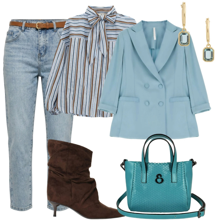 Outfit donna - Total look #2475578. Stile Casual per Tutti i giorni. Abbinamento con stivali, blazer, borse a mano, orecchini, bluse, jeans mom.