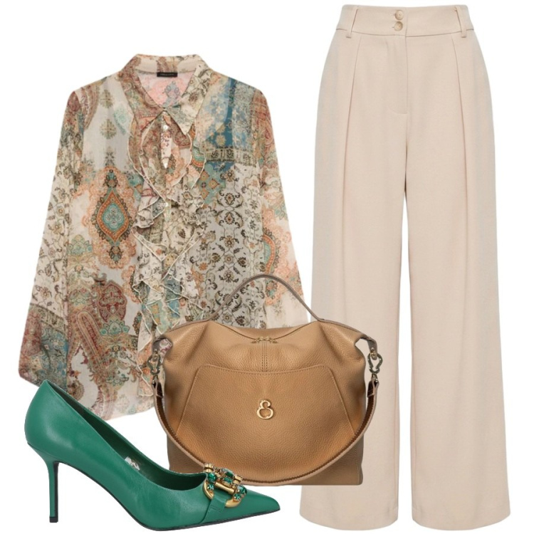 Outfit donna - Scarpa gioiello. Stile Chic per Tutti i giorni. Abbinamento con décolleté, pantaloni a palazzo, camicie, borse a mano.