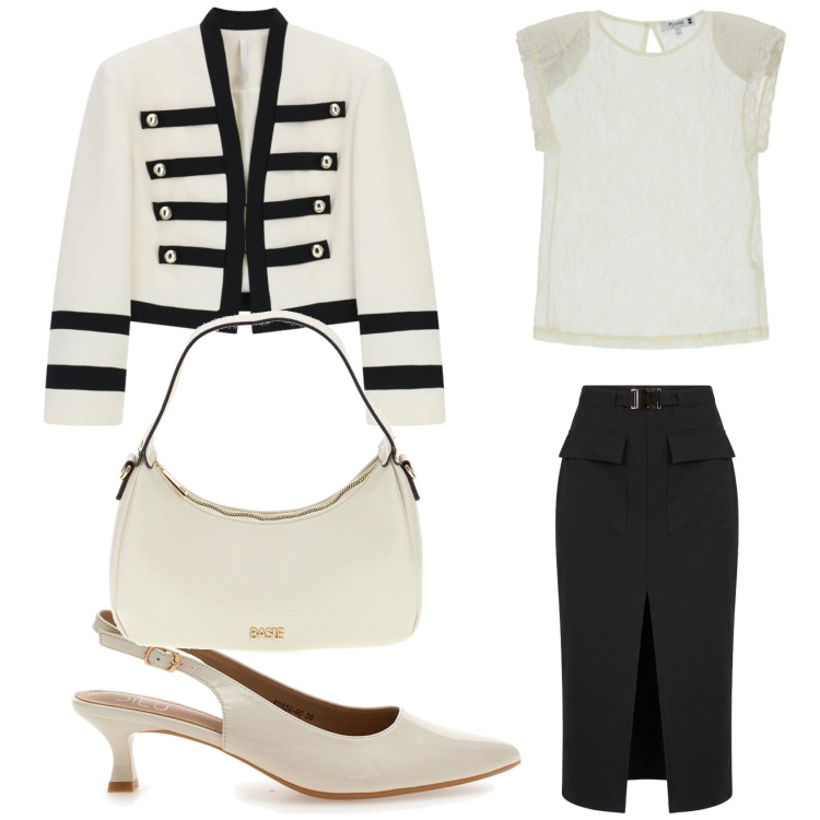 Outfit donna - Ufficio anni 80. Stile Bon Ton per Ufficio. Abbinamento con gonne longuette, blazer, top, borse a tracolla, décolleté.