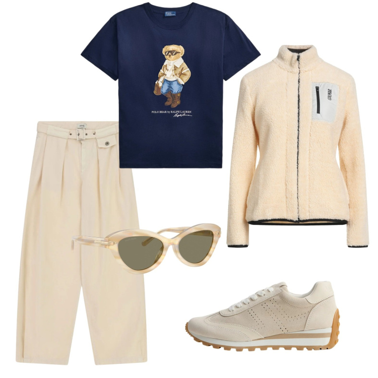 Outfit donna - Passeggiata domenicale. Stile Casual per Tutti i giorni. Abbinamento con felpe, pantaloni a palazzo, occhiali da sole, sneakers, t-shirt.
