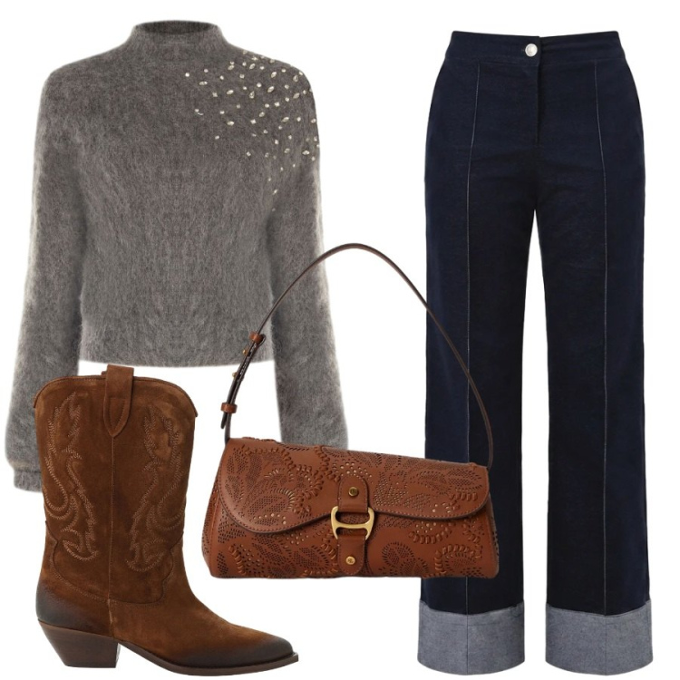 Outfit donna - Total look #2475582. Stile Trendy per Serata fuori. Abbinamento con stivaletti texani, pantaloni, maglieria, borse a spalla.