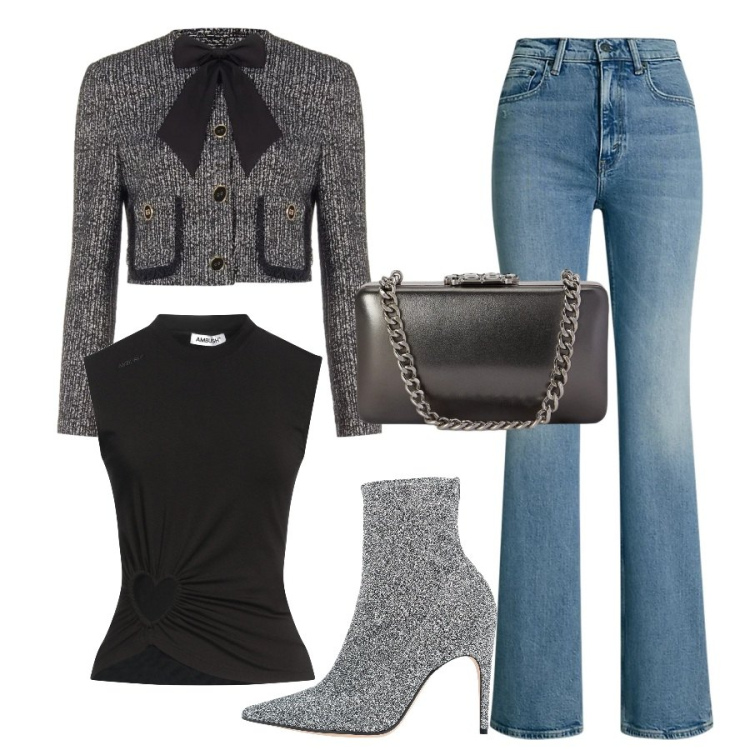 Outfit donna - Il grigio di sera. Stile Sporty chic per Serata fuori. Abbinamento con stivaletti, top, blazer, jeans bootcut, clutch.