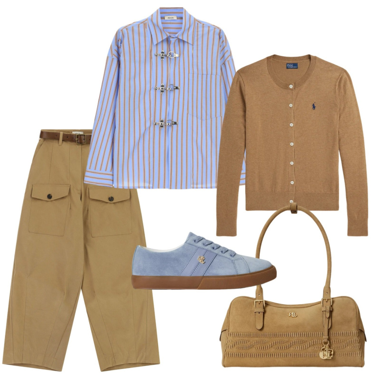 Outfit donna - Le sneakers azzurre. Stile Casual per Tutti i giorni. Abbinamento con camicie, pantaloni a palazzo, cardigans, sneakers, borse a spalla.
