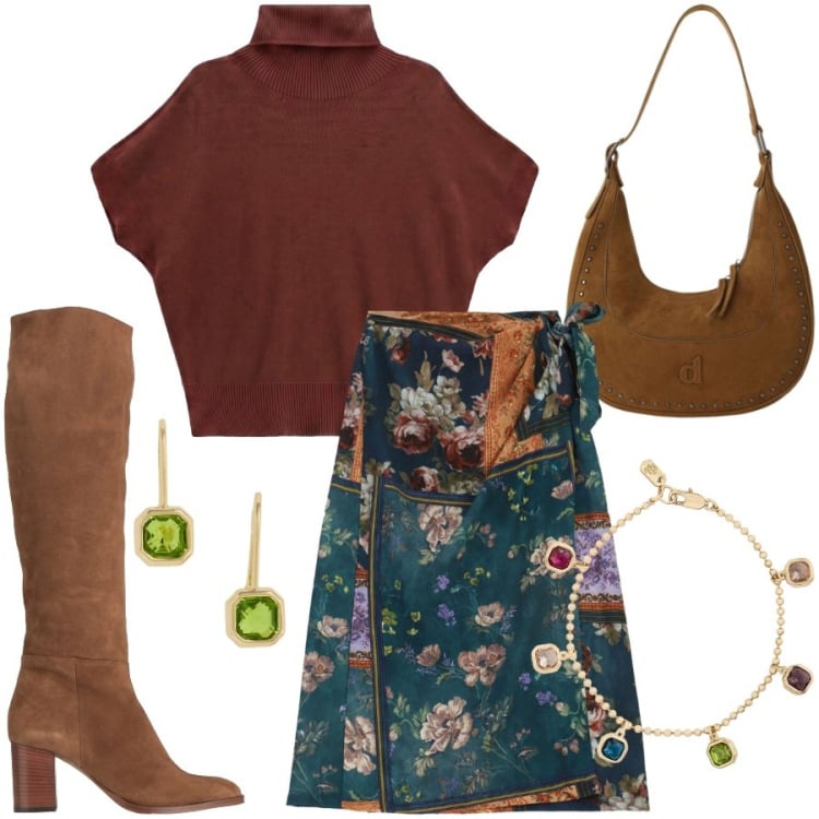 Outfit donna - Total look #2475593. Stile Boho per Tutti i giorni. Abbinamento con stivali, pullovers, gonne longuette, borse a spalla, braccialetti, orecchini.