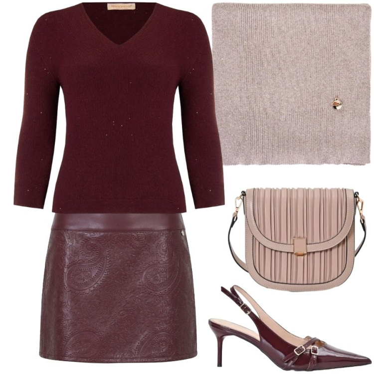 Outfit donna - Collezione autunno/inverno Rinascimento. Stile Chic per Serata fuori. Abbinamento con minigonne, borse a tracolla, maglieria, décolleté, sciarpe.