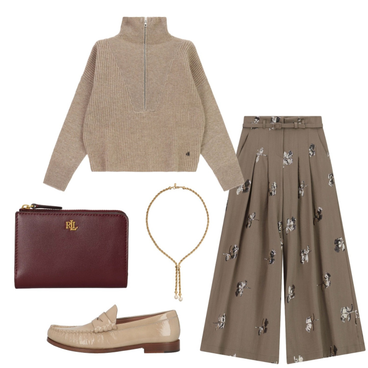 Outfit donna - Aperitivo dopo il lavoro. Stile Trendy per Ufficio. Abbinamento con mocassini, pantaloni a palazzo, maglieria, portafogli, collane.