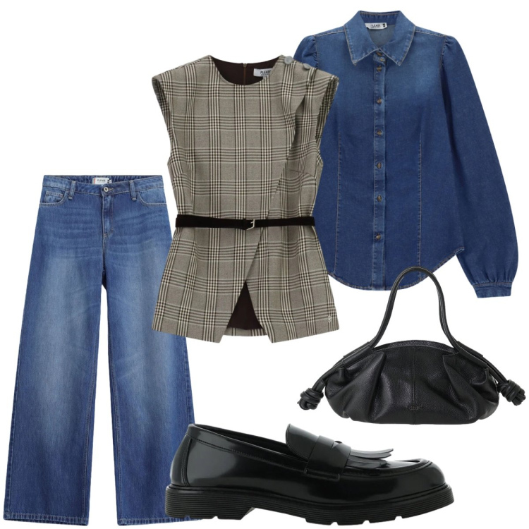 Outfit donna - Jeans & gilet. Stile Mannish per Tutti i giorni. Abbinamento con gilet, jeans, camicie, mocassini, borse a mano.