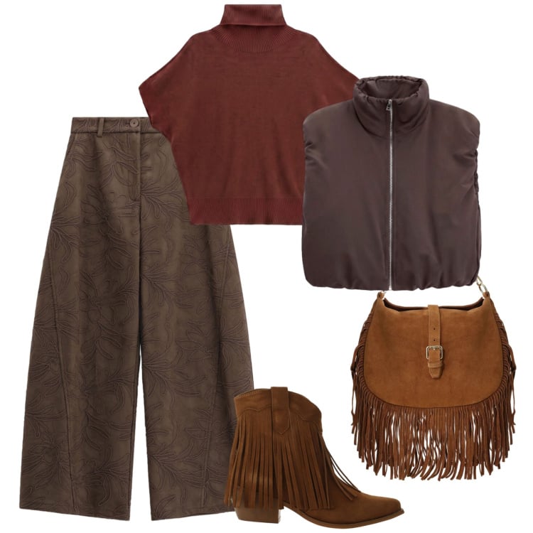 Outfit donna - Imperial urbano. Stile Urban per Tutti i giorni. Abbinamento con pantaloni a palazzo, piumini, stivaletti texani, pullovers, borse a spalla.