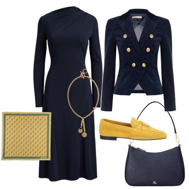 Outfit donna - Mocassini gialli in suede. Stile Chic per Serata fuori. Abbinamento con mocassini, sciarpe, blazer, vestiti lunghi, borse a spalla, ciondoli.