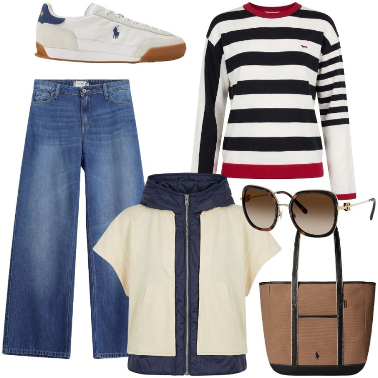 Outfit donna - Tempo libero. Stile Casual chic per Tutti i giorni. Abbinamento con maglieria, jeans, piumini, borse tote, sneakers, occhiali da sole.