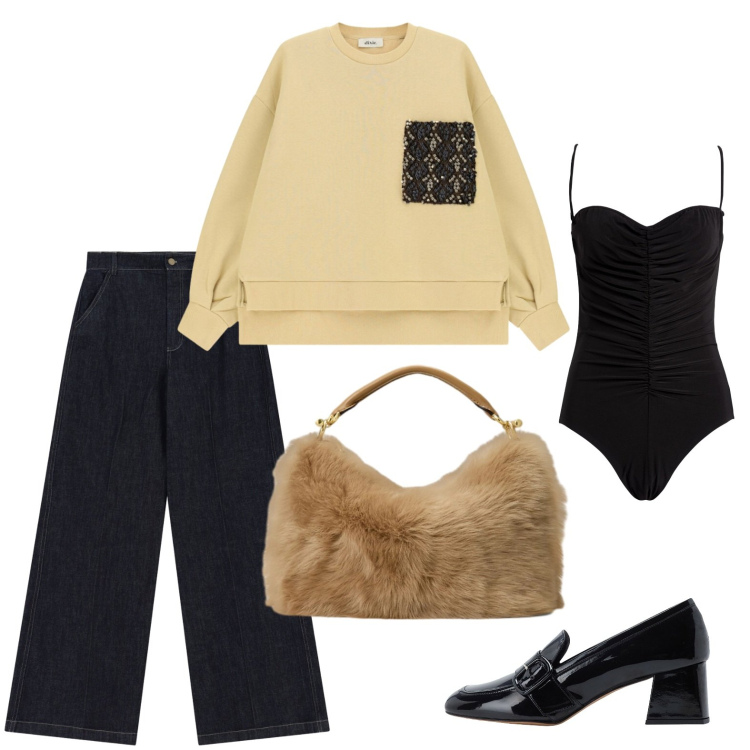 Outfit donna - Al lavoro con la felpa. Stile Casual per Ufficio. Abbinamento con mocassini, body, pantaloni a palazzo, felpe, borse a mano.