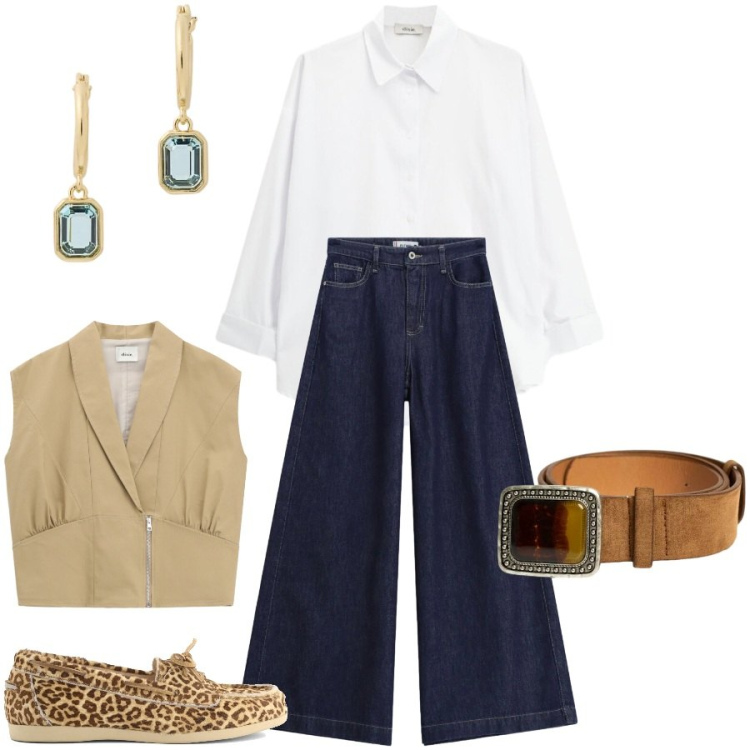 Outfit donna - Denim autunnale. Stile Trendy per Tutti i giorni. Abbinamento con camicie, gilet, jeans, orecchini, cinture, mocassini.