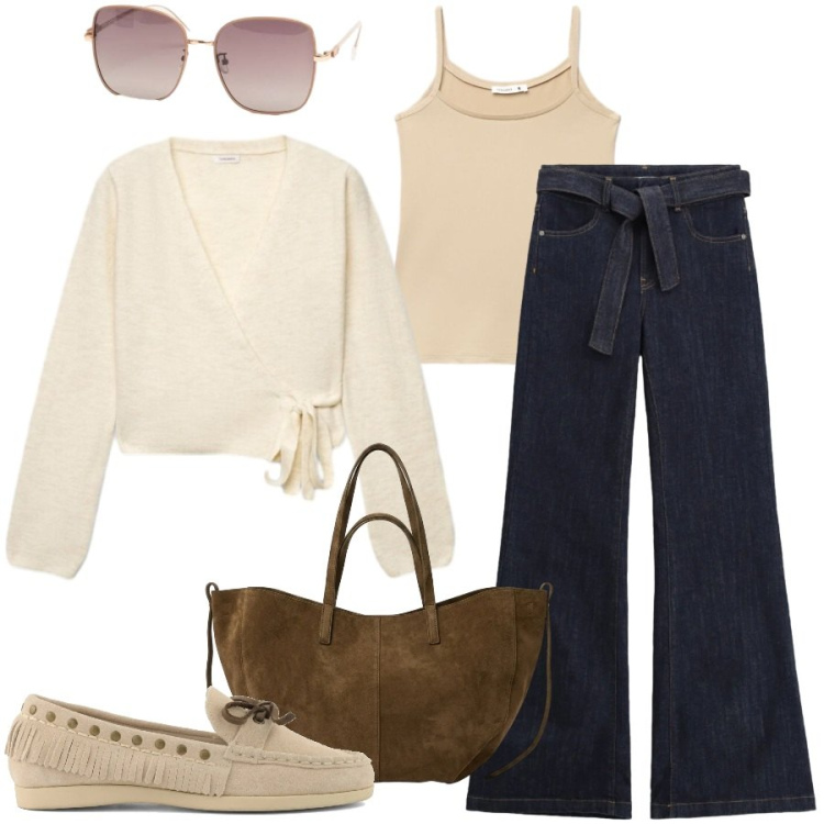 Outfit donna - Denim d\'impatto. Stile Trendy per Tutti i giorni. Abbinamento con cardigans, canottiere, jeans a zampa, borse tote, occhiali da sole, mocassini.