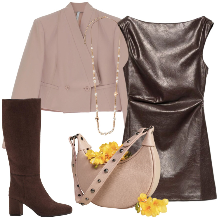 Outfit donna - In pelle. Stile Chic per Tutti i giorni. Abbinamento con blazer, collane, borse a spalla, vestiti a tubino, stivali.
