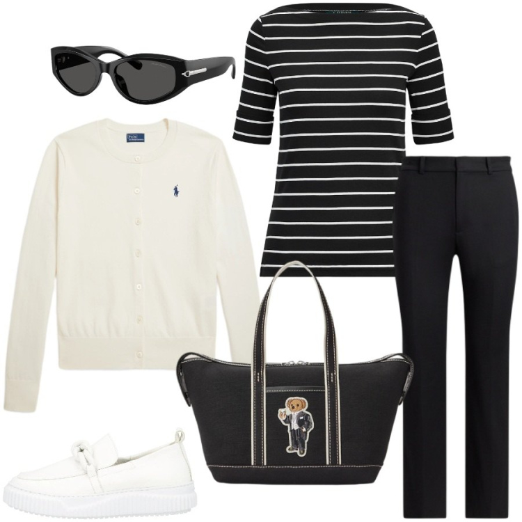 Outfit donna - Weekend fuori città. Stile Sporty chic per Tutti i giorni. Abbinamento con mocassini, pantaloni, t-shirt, borse tote, cardigans, occhiali da sole.