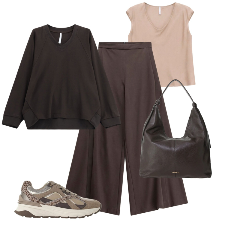 Outfit donna - Imperial mix & match. Stile Trendy per Tutti i giorni. Abbinamento con pantaloni a palazzo, felpe, borse a spalla, sneakers, t-shirt.