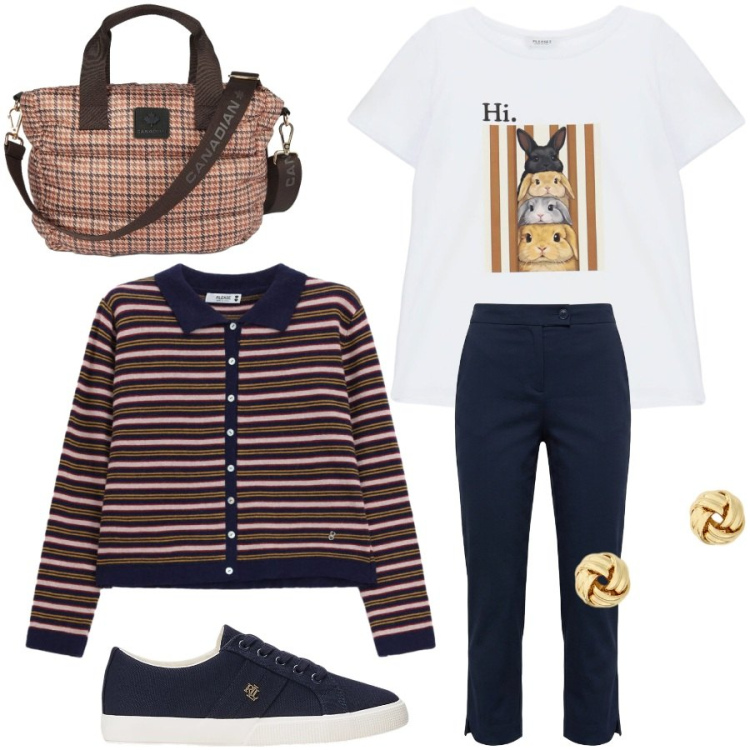 Outfit donna - Weekend fuori porta. Stile Casual chic per Tutti i giorni. Abbinamento con pantaloni capri, t-shirt, cardigans, borse tote, sneakers, orecchini.
