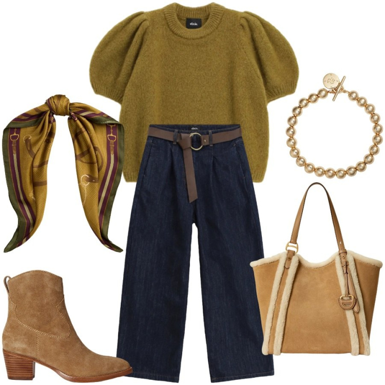 Outfit donna - Fine settimana. Stile Casual chic per Tutti i giorni. Abbinamento con pullovers, pantaloni a palazzo, braccialetti, stivaletti, borse tote, foulard.