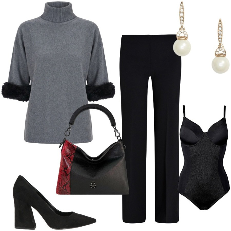 Outfit donna - Total look #2475626. Stile Casual chic per Tutti i giorni. Abbinamento con décolleté, body, pantaloni a palazzo, maglieria, borse a mano, orecchini.