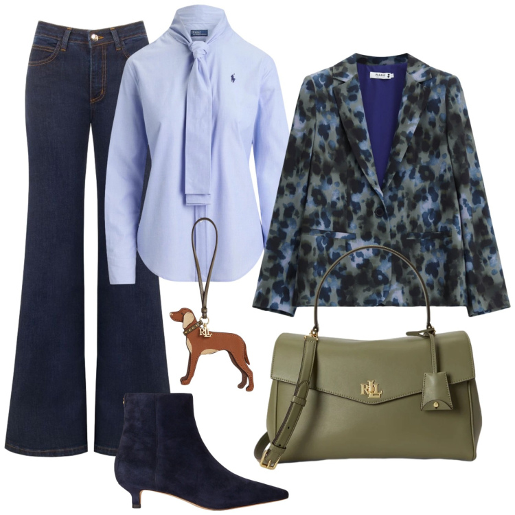 Outfit donna - Total look #2475628. Stile Glamour per Ufficio. Abbinamento con blazer, jeans a zampa, ciondoli, camicie, borse a mano, stivaletti.