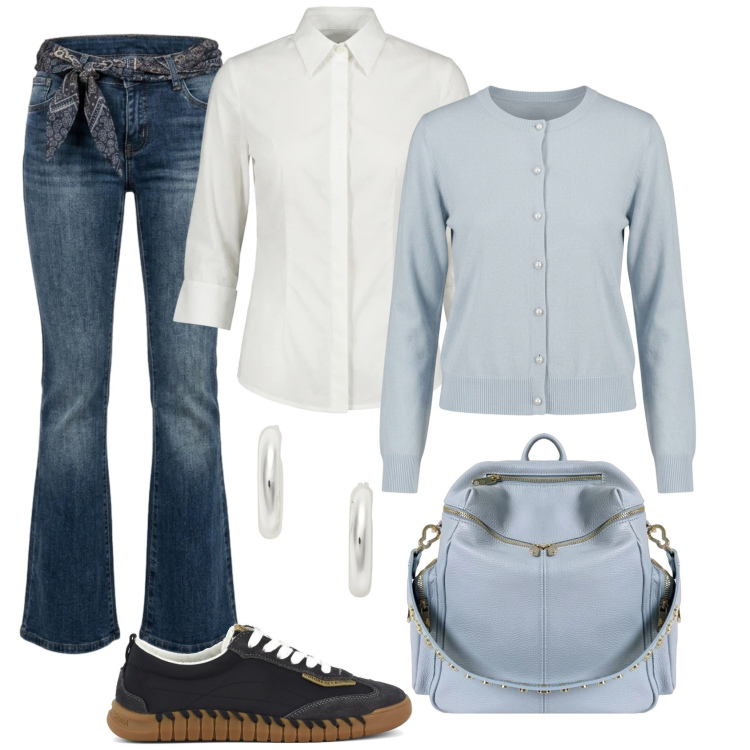 Outfit donna - Total look #2475629. Stile Casual per Scuola/Università. Abbinamento con camicie, zaini, orecchini, cardigans, jeans, sneakers.