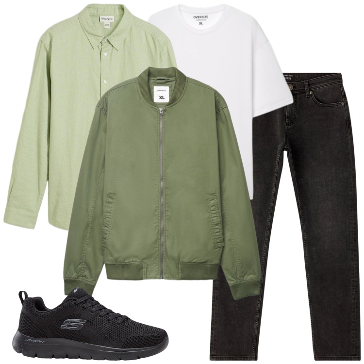 Outfit uomo - Transizione di sfumature e temperature. Stile Casual per Tutti i giorni. Abbinamento con jeans, bomber, t-shirt, sneakers, camicie.