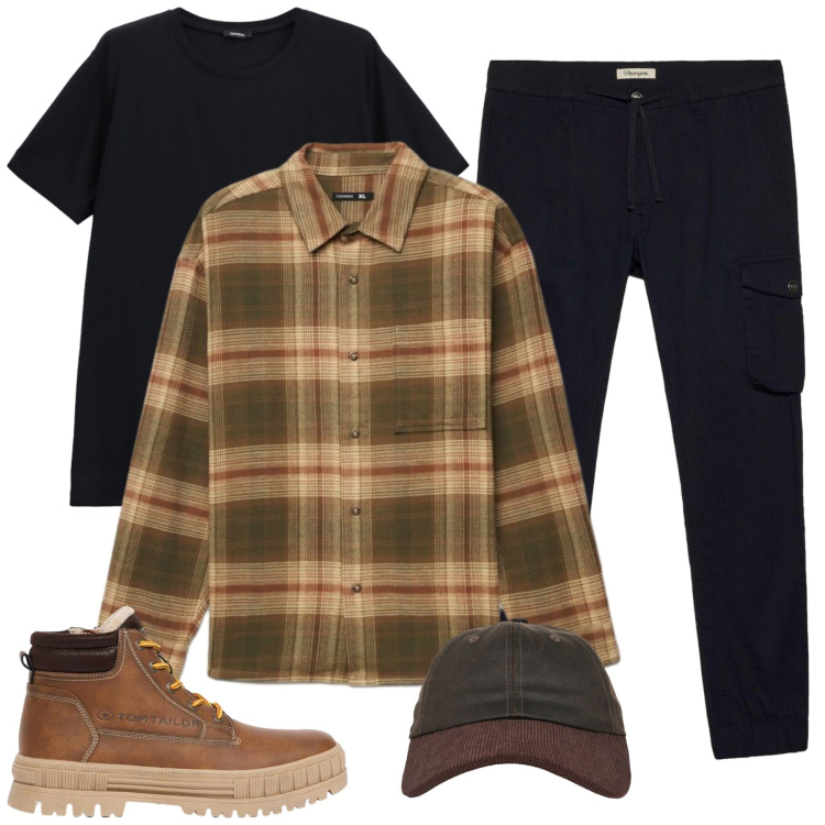 Outfit uomo - Total look #2475636. Stile Urban per Tutti i giorni. Abbinamento con t-shirt, camicie, cappelli con visiera, stivali e stivaletti, pantaloni cargo.