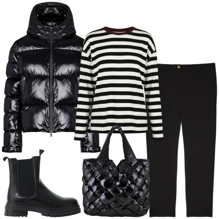 Outfit donna - Total look #2475642. Stile Urban per Tutti i giorni. Abbinamento con stivaletti chelsea, t-shirt, piumini, borse tote, pantaloni.