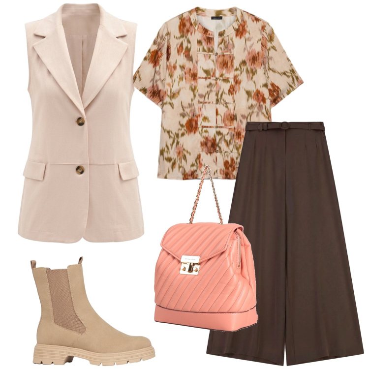 Outfit donna - Total look #2475645. Stile Trendy per Tutti i giorni. Abbinamento con zaini, stivaletti, pantaloni a palazzo, gilet, bluse.