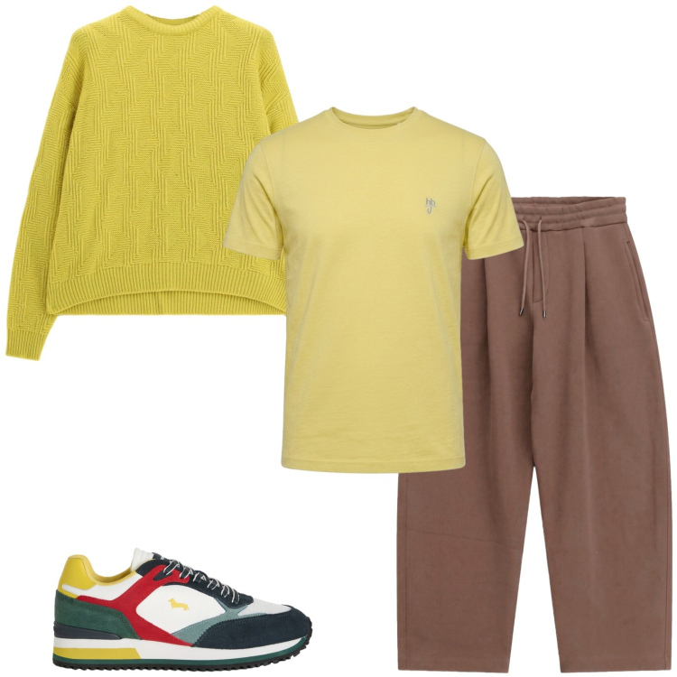 Outfit uomo - Total look #2475647. Stile Trendy per Tutti i giorni. Abbinamento con t-shirt, sneakers, maglieria, pantaloni.