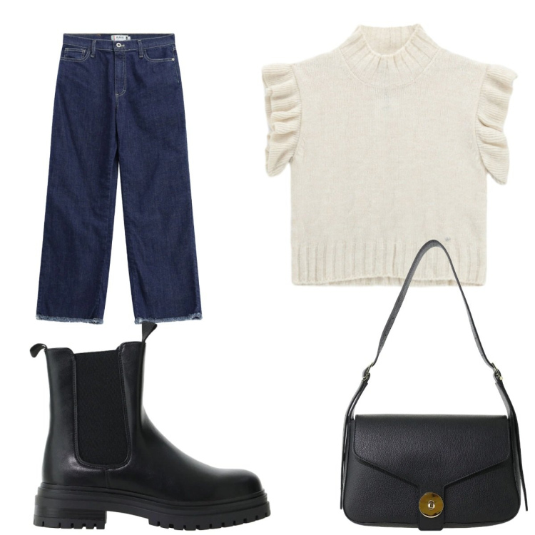 Outfit donna - Please FW26. Stile Casual per Tutti i giorni. Abbinamento con stivaletti chelsea, borse a spalla, jeans dritti, maglieria.