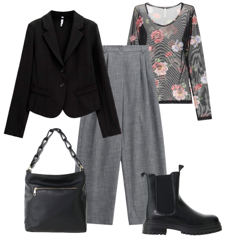 Outfit donna - Imperial fashion. Stile Casual chic per Tutti i giorni. Abbinamento con t-shirt, pantaloni a palazzo, blazer, stivaletti chelsea, borse a spalla.