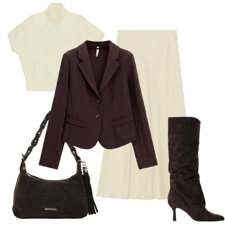 Outfit donna - Dark coffee e panna. Stile Glamour per Tutti i giorni. Abbinamento con blazer, maglieria, gonne lunghe, borse a spalla, stivali.