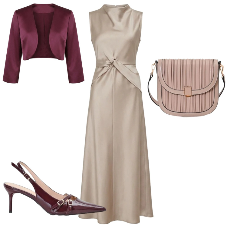Outfit donna - Total look #2475652. Stile Glamour per Cerimonia. Abbinamento con bolero, borse a tracolla, décolleté, vestiti midi/longuette.