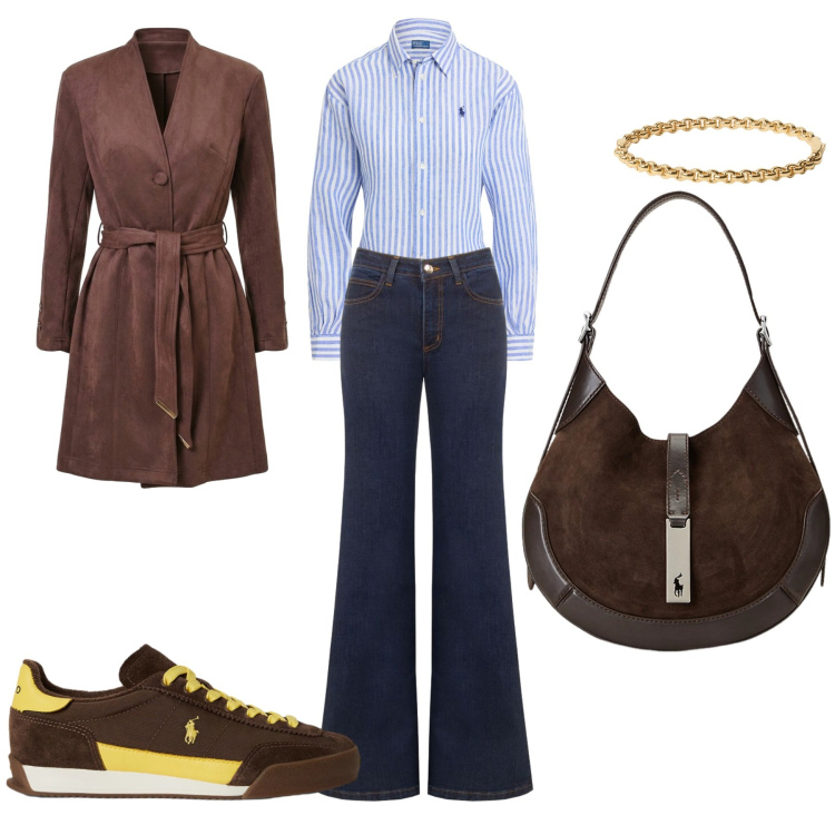 Outfit donna - Total look #2475654. per Tutti i giorni. Abbinamento con jeans a zampa, trench, borse a spalla, sneakers, camicie, braccialetti.