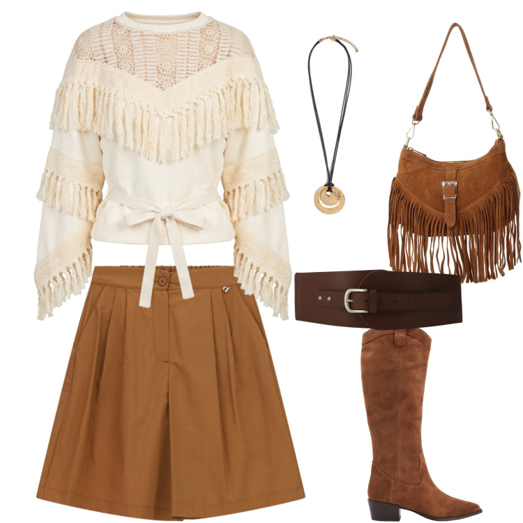 Outfit donna - Etnicamente cool. Stile Etnico per Tutti i giorni. Abbinamento con stivali, borse a spalla, shorts, felpe, cinture, ciondoli.