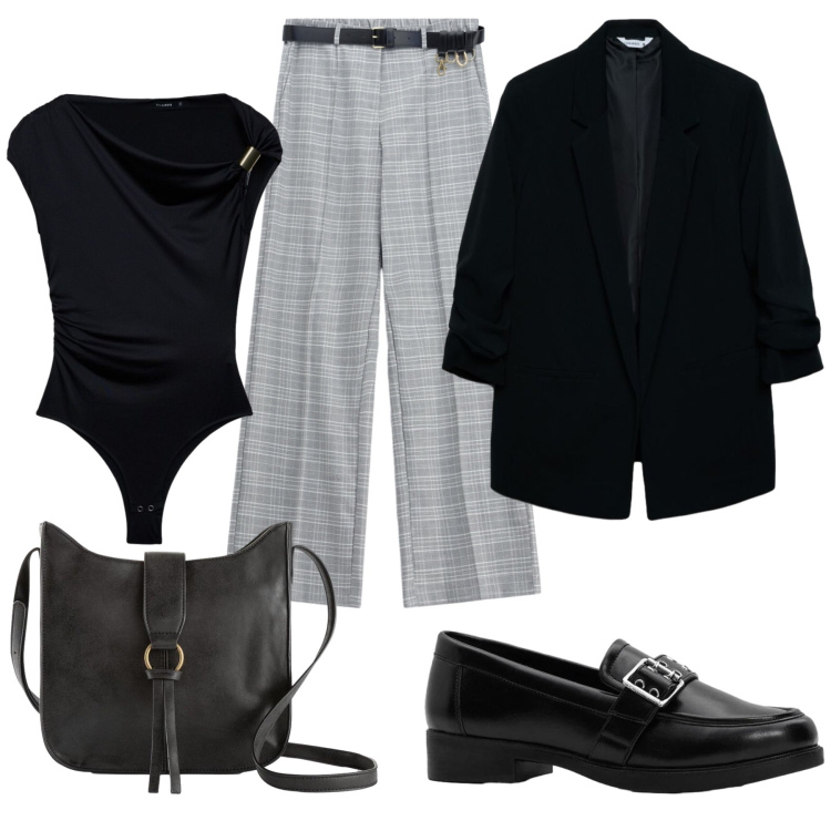Outfit donna - Giornata classica in ufficio. Stile Casual chic per Ufficio. Abbinamento con mocassini, borse a tracolla, top, blazer, pantaloni a palazzo.