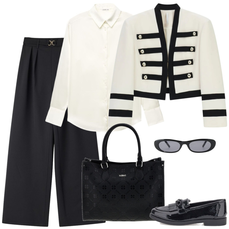 Outfit donna - La manager. Stile Mannish per Ufficio. Abbinamento con pantaloni, camicie, blazer, occhiali da sole, mocassini, borse a tracolla.
