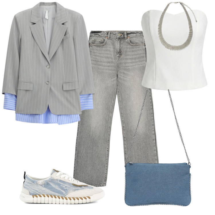 Outfit donna - Total look #2475670. Stile Mannish per Tutti i giorni. Abbinamento con borse a tracolla, jeans dritti, blazer, top, collane, sneakers.