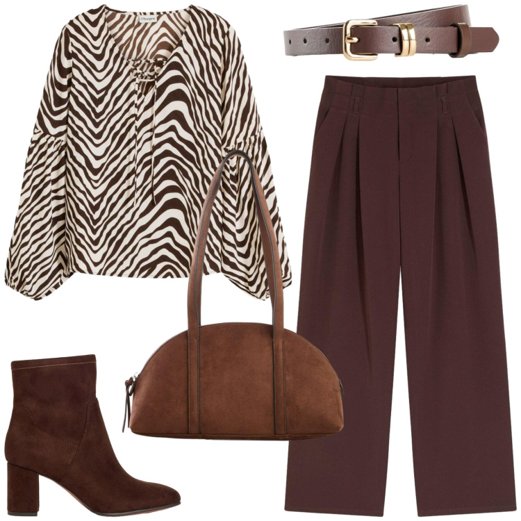 Outfit donna - Transitional Workwear. Stile Casual chic per Ufficio. Abbinamento con pantaloni, stivaletti, bluse, borse a tracolla, cinture.