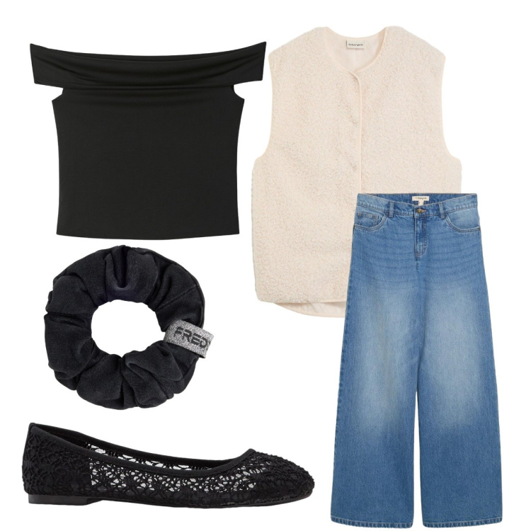 Outfit donna - Settembre. Stile Vintage retrò per Tutti i giorni. Abbinamento con jeans, ballerine, piumini, top, accessori per capelli.