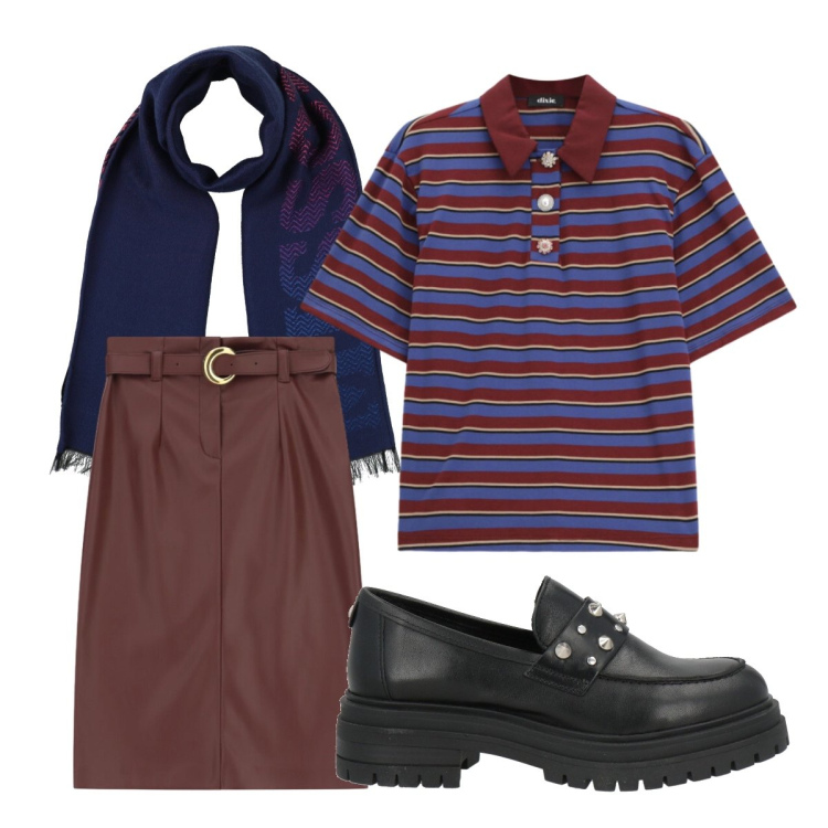 Outfit donna - Back to work. Stile Preppy per Ufficio. Abbinamento con sciarpe, mocassini, gonne longuette, polo.