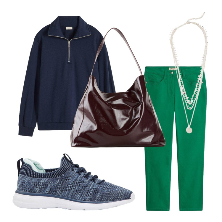 Outfit donna - Sporty bonprix. Stile Sporty chic per Tutti i giorni. Abbinamento con sneakers, shopping bag, felpe, collane, pantaloni.
