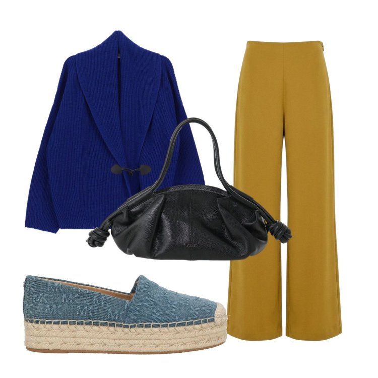 Outfit donna - Pratica in ufficio. Stile Basic per Ufficio. Abbinamento con espadrillas, borse a mano, cardigans, pantaloni a palazzo.