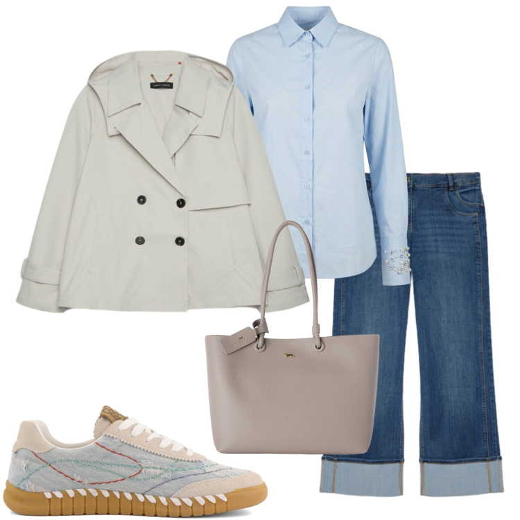 Outfit donna - Trench leggero. Stile Casual per Ufficio. Abbinamento con shopping bag, trench, jeans dritti, camicie, sneakers.