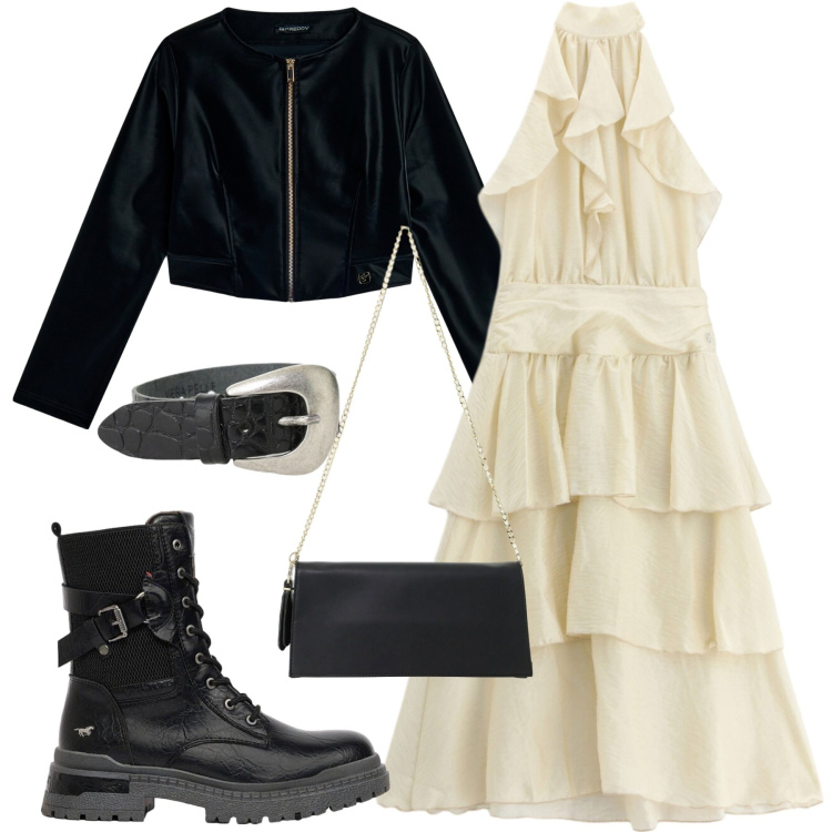 Outfit donna - L\'eleganza rock di Bandoa. Stile Rock per Serata fuori. Abbinamento con orecchini, anfibi, borse a tracolla, braccialetti, vestiti midi/longuette, blazer.