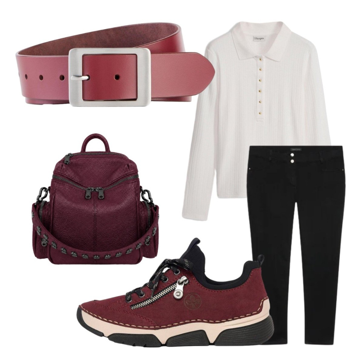 Outfit donna - Office curvy. Stile Basic per Ufficio. Abbinamento con sneakers, polo, cinture, jeans skinny, zaini.